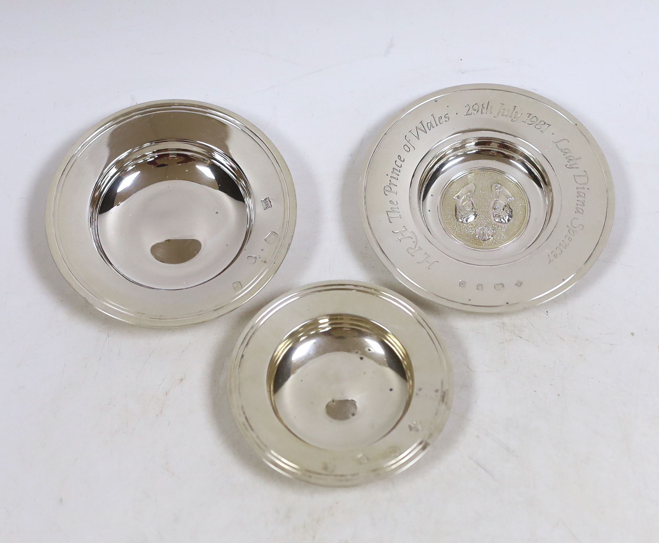 Three silver Armada dishes, one commemorating the wedding of HRH Prince of Wales and Lady Diana Spencer 1981 and two others, diameter 10cm and smaller, 5.3oz.